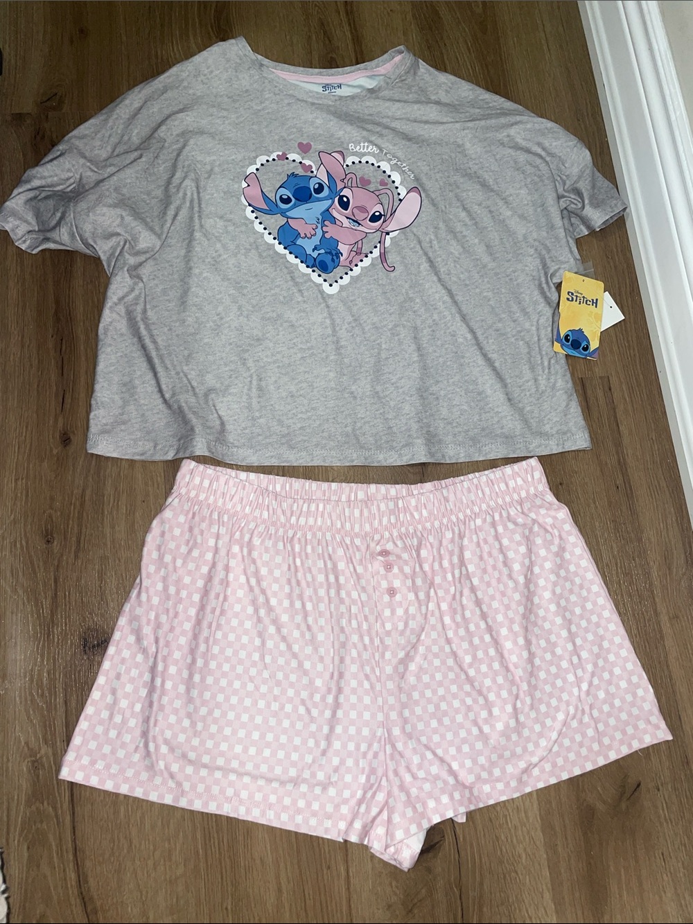 Disney Stitch Gray Cropped Tee & Pink Check Pajama Set